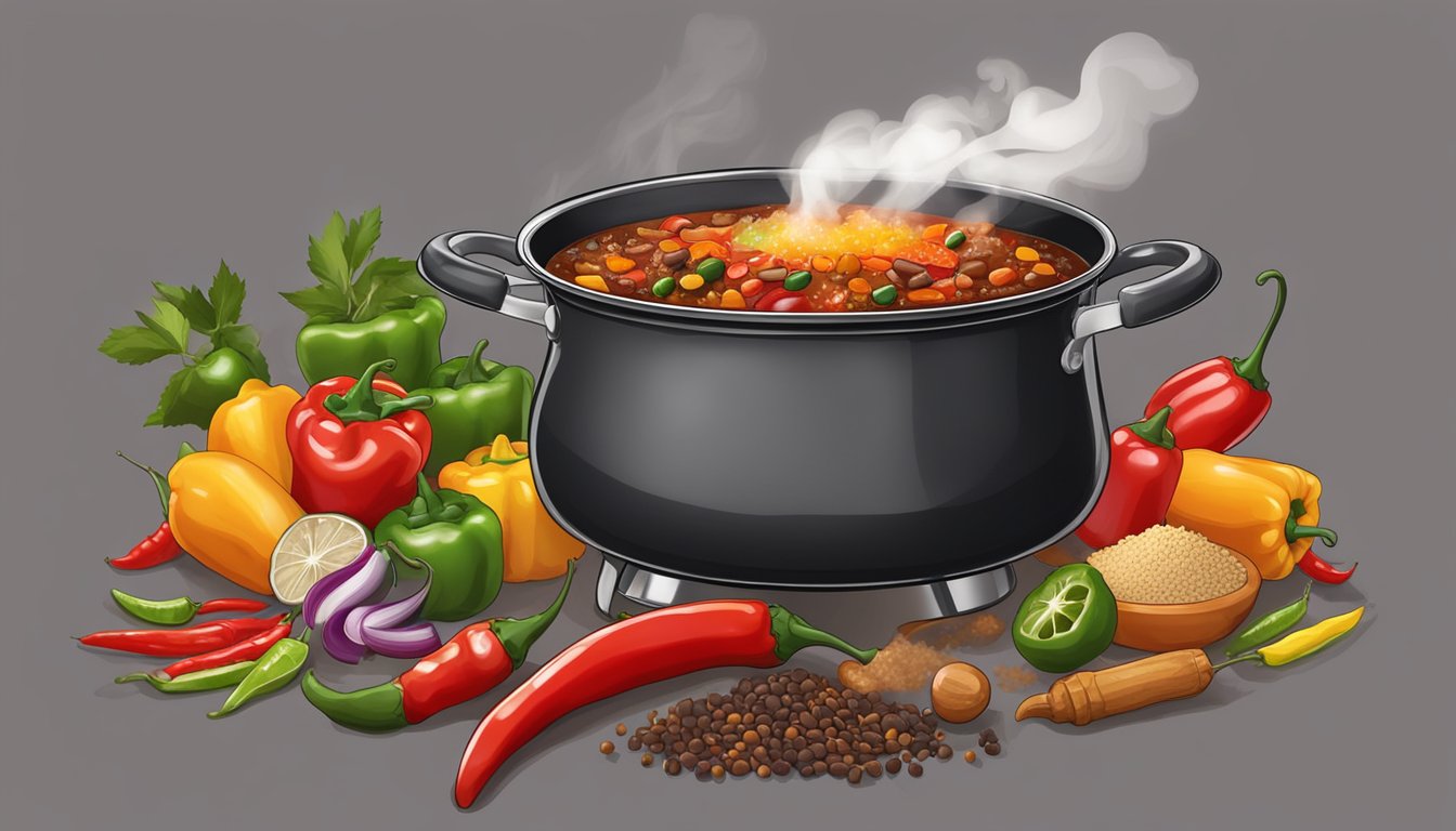 A steaming pot of El Vez Mexican Chili bubbling on a stovetop, surrounded by a variety of colorful spices and fresh ingredients