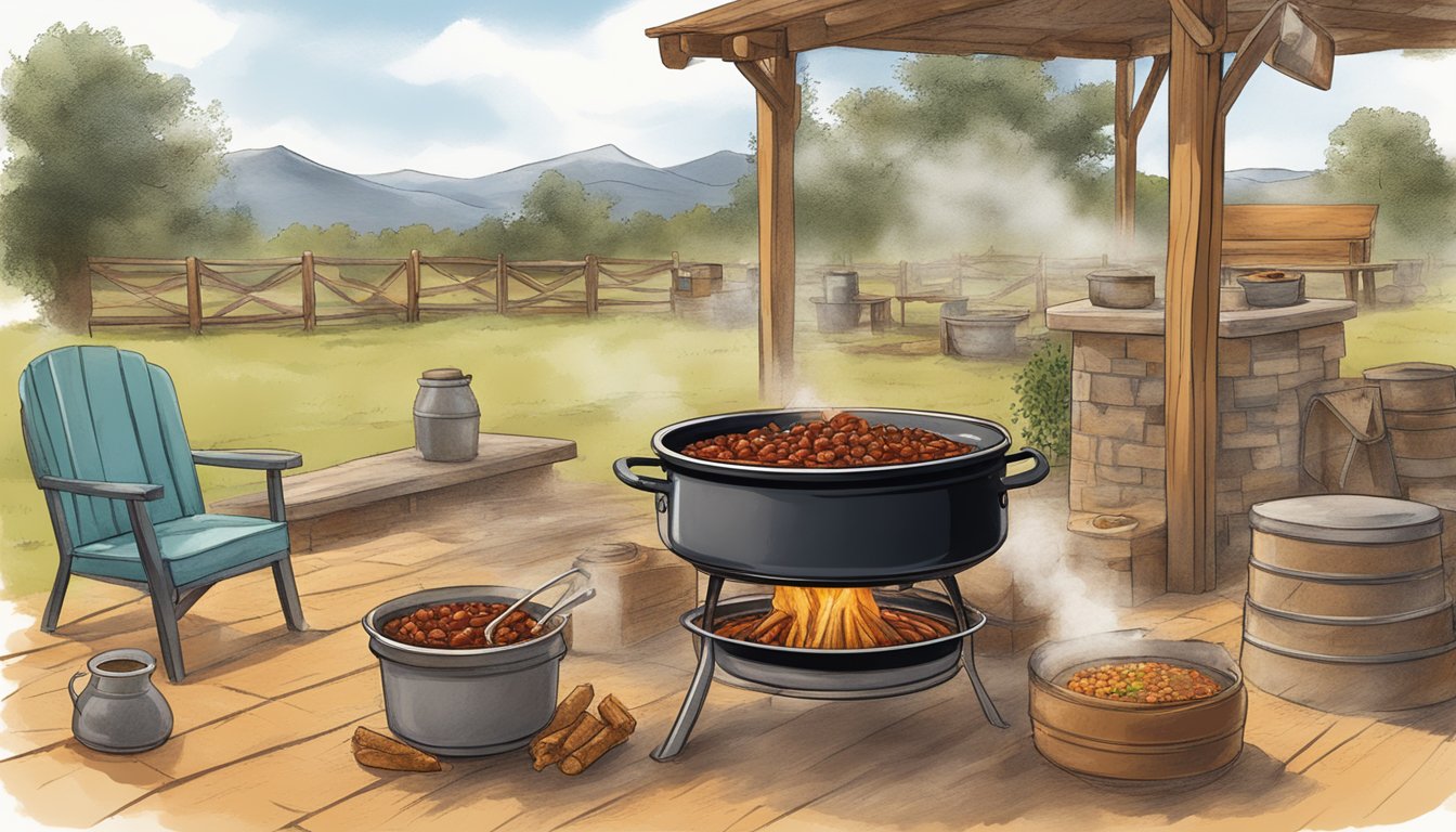 A steaming pot of Texas-style chili simmering over a crackling fire, surrounded by a rustic outdoor setting with a hint of Texan flair