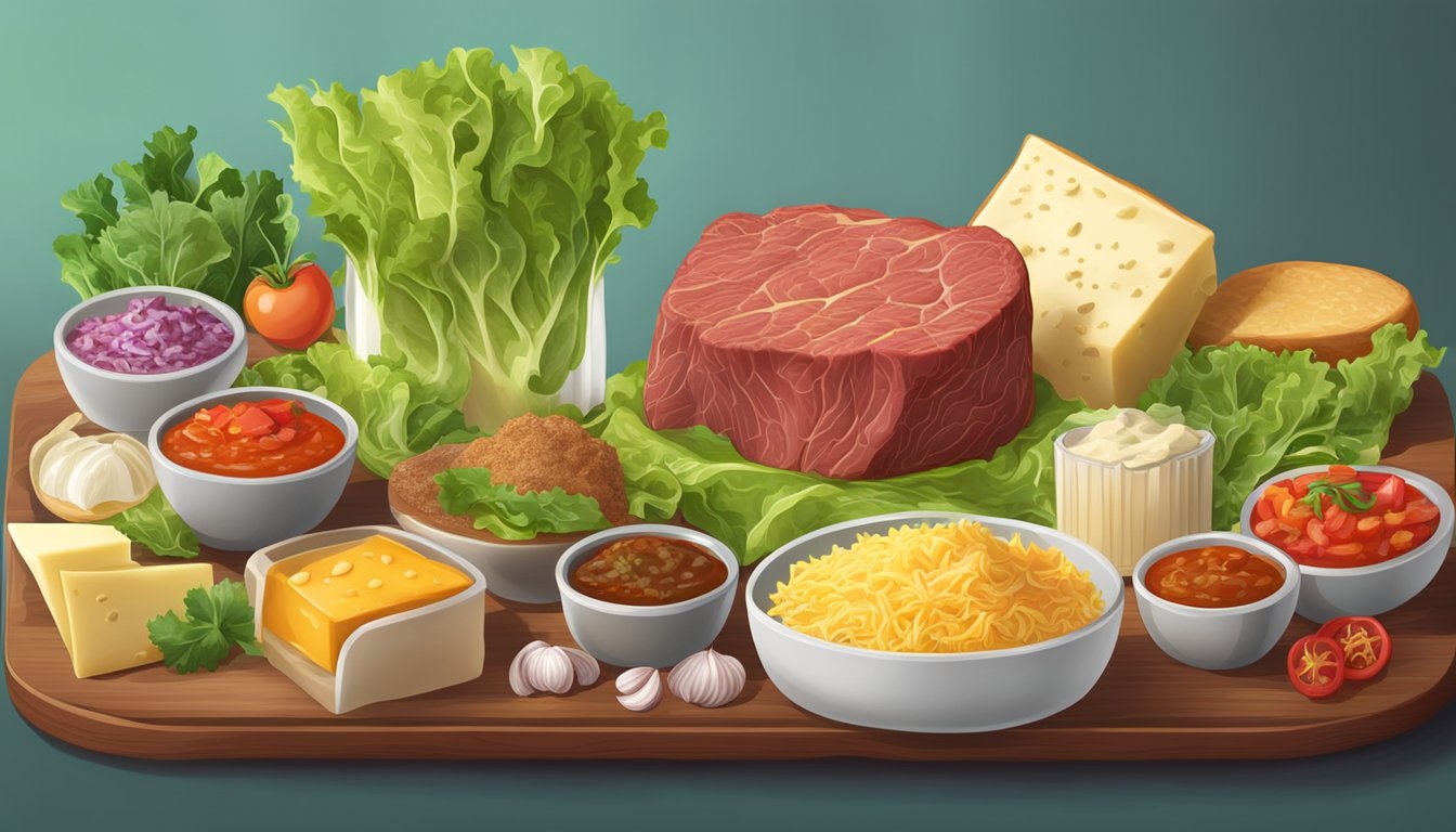 A colorful spread of ingredients like seasoned beef, lettuce, cheese, and salsa, with the aroma of spices and flavors