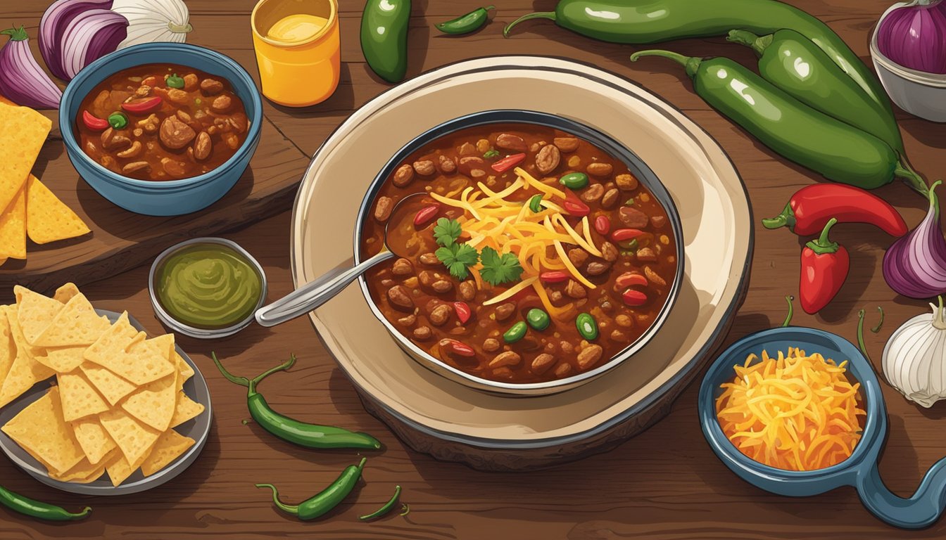 A steaming bowl of Texas-style chili sits on a rustic wooden table, surrounded by colorful ingredients like jalapenos, onions, and shredded cheese. The aroma of slow-cooked beef and spices fills the air