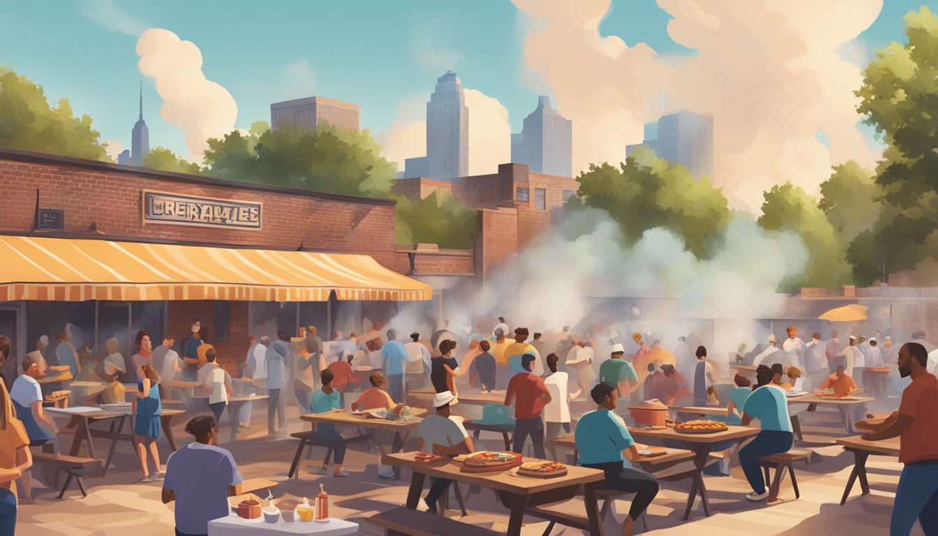 A bustling outdoor barbecue with smoke rising from the grill, surrounded by picnic tables and a lively crowd enjoying authentic Texas BBQ in Brooklyn