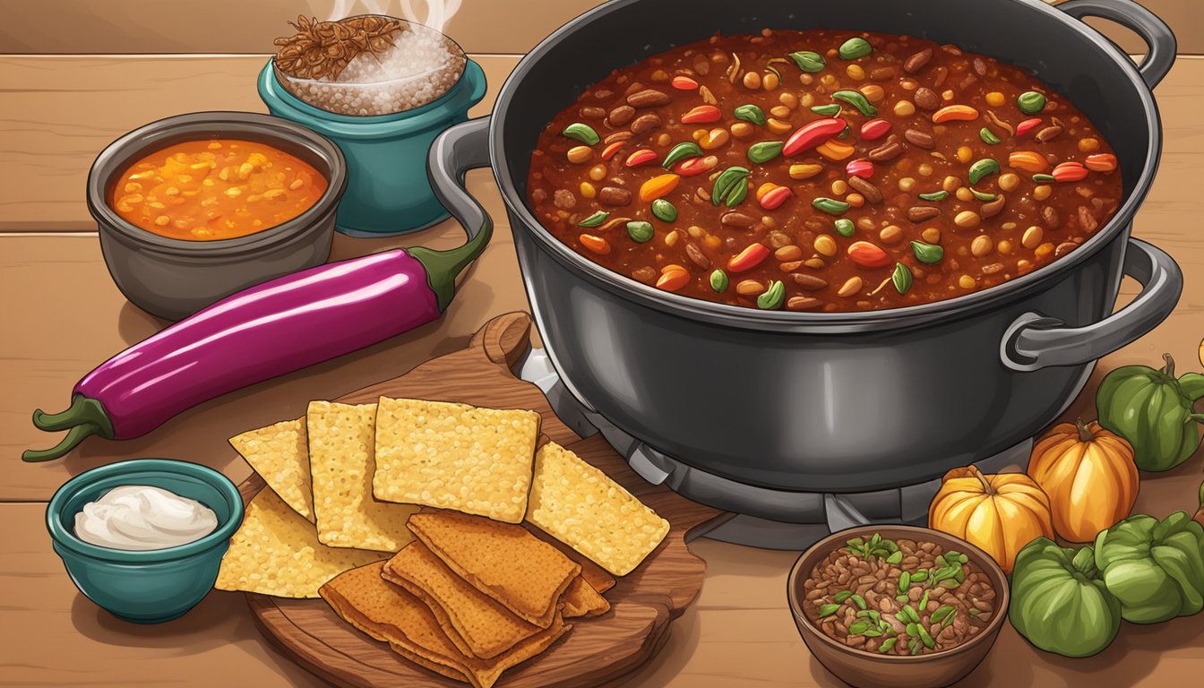 A steaming pot of authentic Texas-style chili simmering over a crackling fire, surrounded by an array of vibrant, fresh ingredients and spices