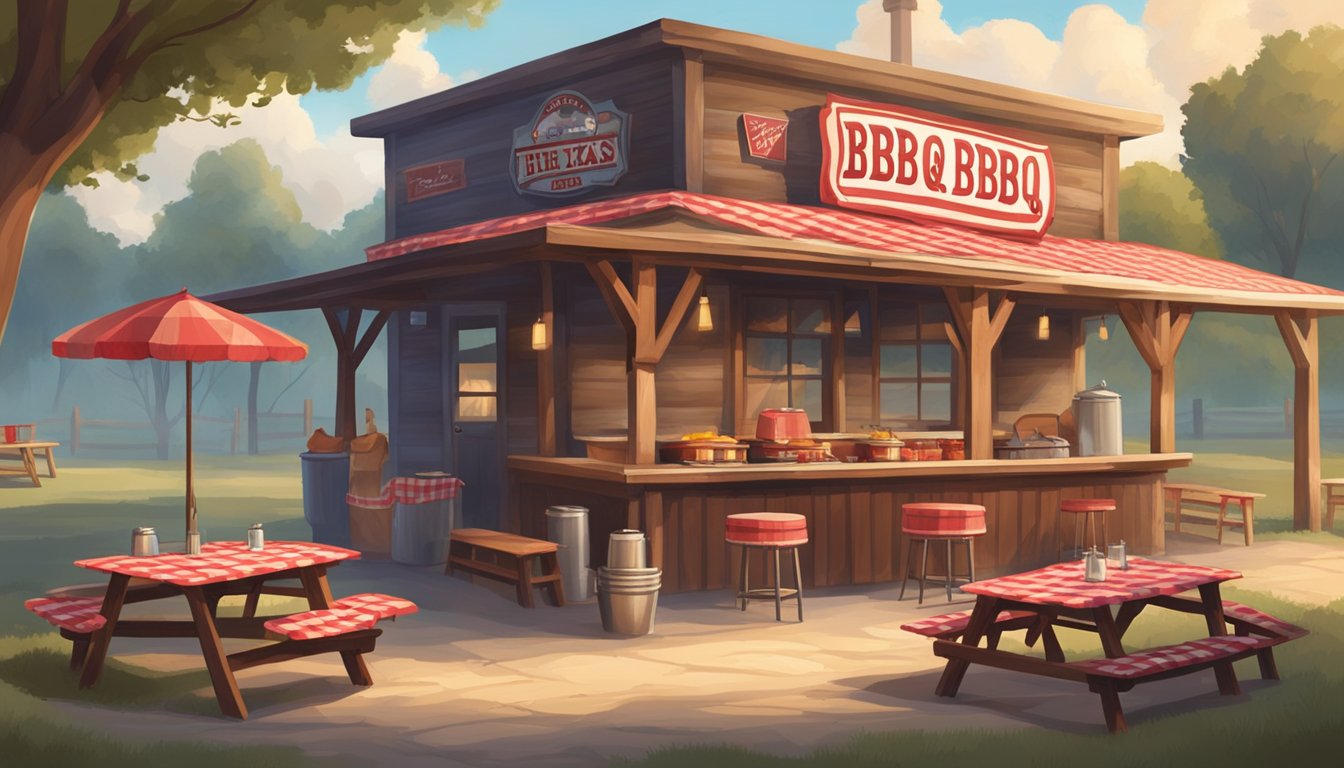 A rustic Texas BBQ joint with a wooden sign, smoke billowing from the chimney, and a red checkered tablecloth on the outdoor picnic tables