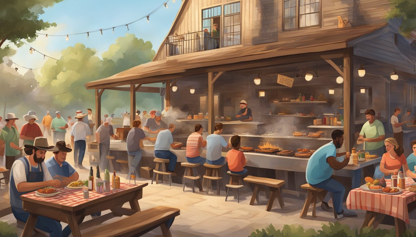 A bustling outdoor barbecue joint with a rustic Texas theme, complete with a wood smoker, picnic tables, and a lively, hungry crowd