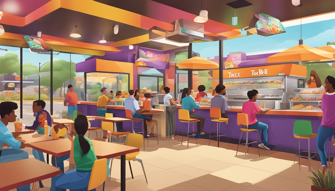 A bustling Taco Bell restaurant with vibrant colors, a drive-thru, and a diverse group of customers enjoying a variety of Mexican-inspired fast food items