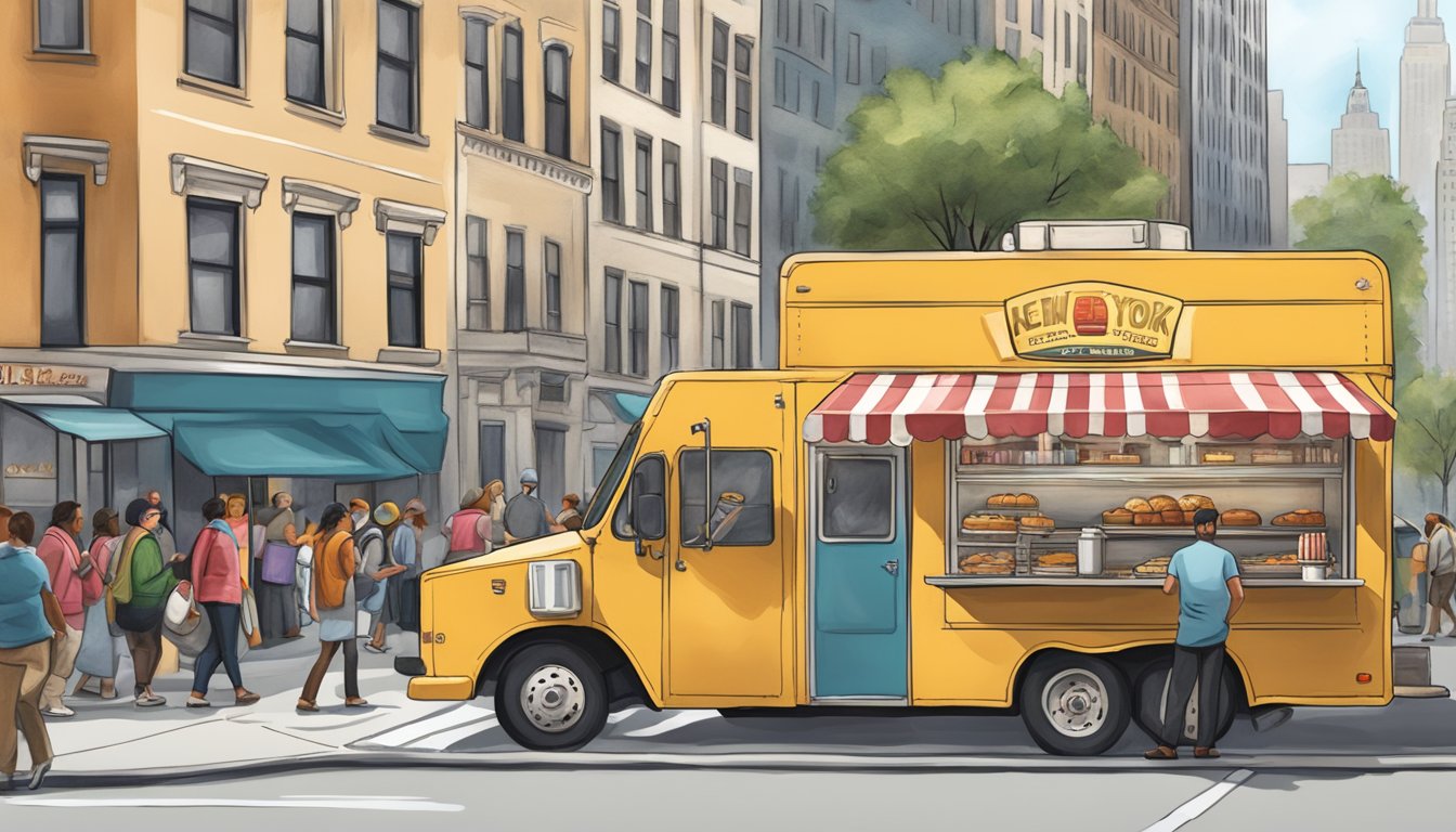 A bustling New York street corner with a food truck serving up freshly baked Czech Stop kolaches in the heart of the city