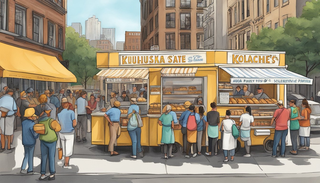 A bustling New York City street corner with a food cart selling Hruska's Kolaches, with a line of customers eagerly waiting to try the authentic Texas-style pastries