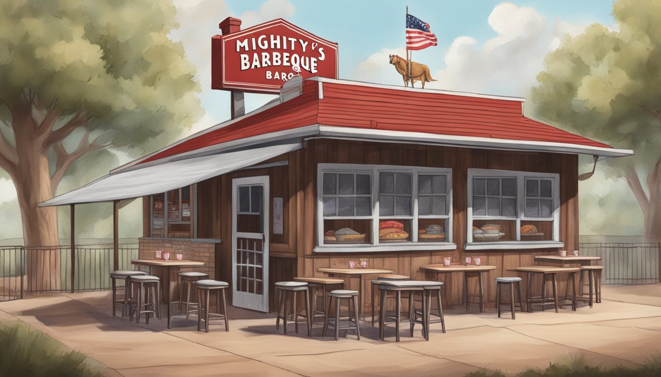 A rustic Texas BBQ joint with a red-and-white checkered tablecloth, a smoky aroma, and a sign reading "Mighty Quinn's Barbeque."