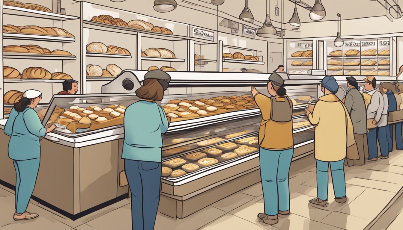 A busy bakery counter with trays of freshly baked kolaches on display. Customers eagerly reaching for the Texas-style pastries