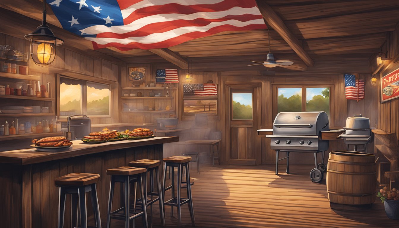 A rustic Texas BBQ joint with a blazing grill, cowboy hats, and a lone star flag hanging on the wall