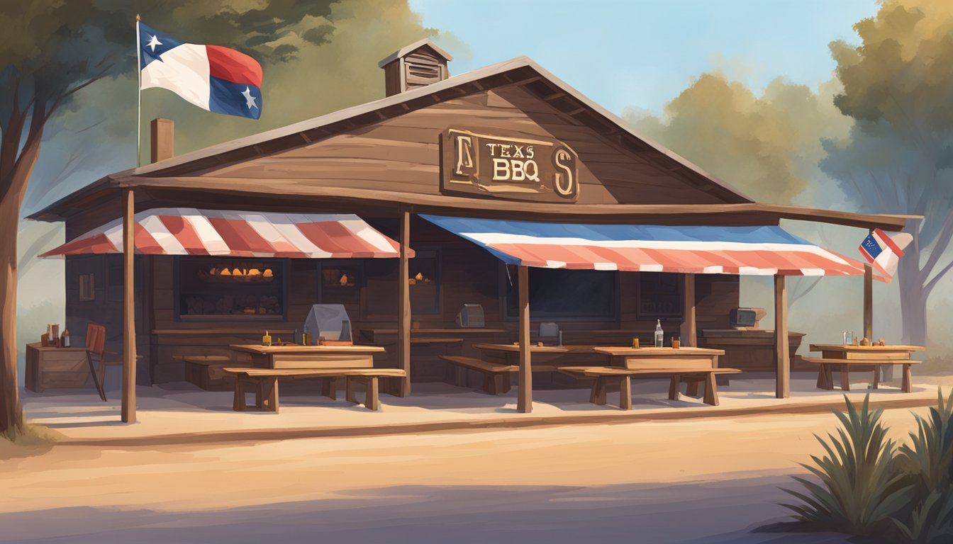 A rustic Texas BBQ joint with a smoky pit, wooden picnic tables, and a Lone Star flag hanging on the wall