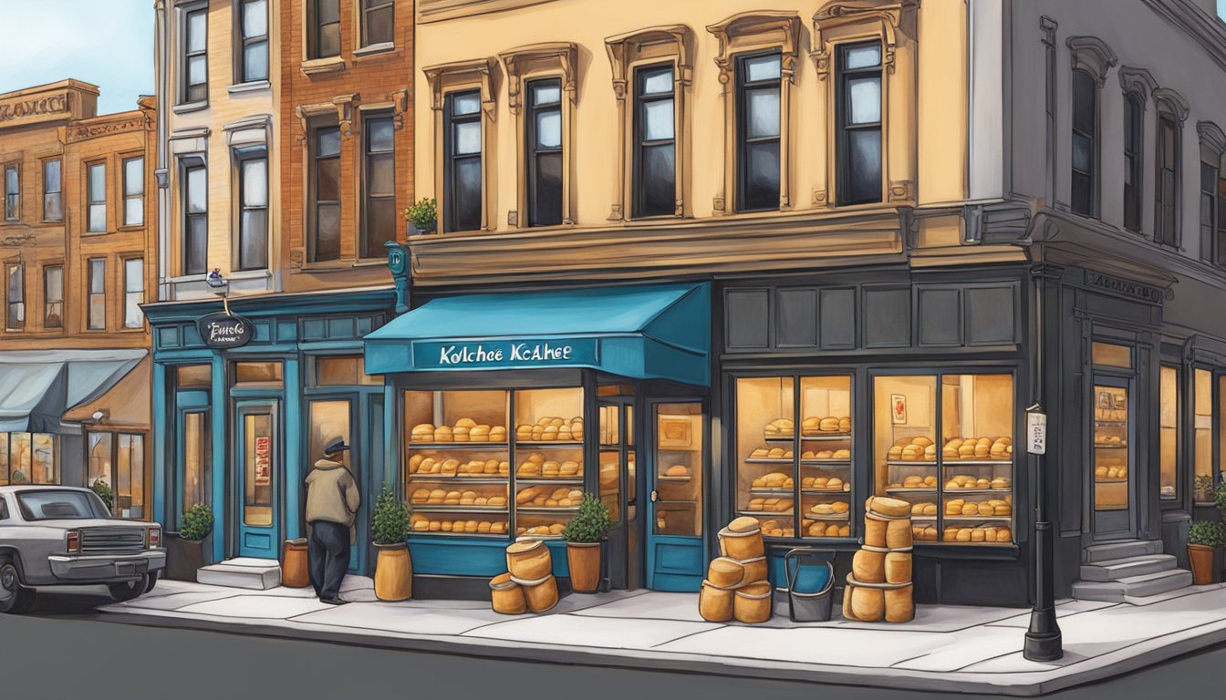 A bustling New York street corner with a quaint Kolache Factory storefront, showcasing Texas-style kolaches in a vibrant display