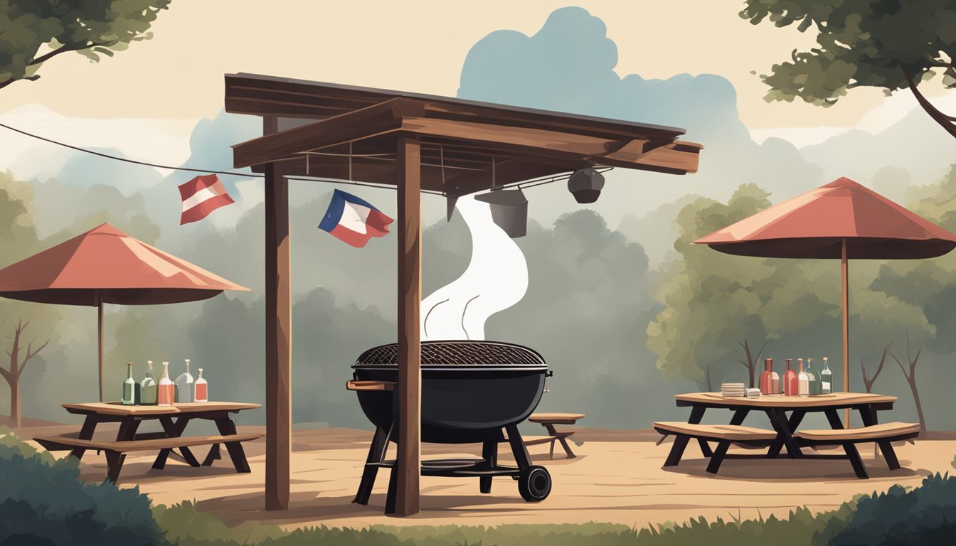 A rustic outdoor BBQ pit with smoke billowing out, surrounded by wooden picnic tables and a Texas flag flying in the background