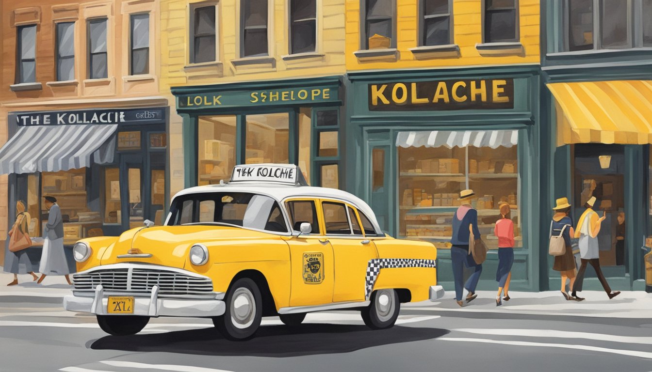 A bustling New York street with a classic yellow taxi passing by, while a quaint storefront displays a sign for "The Kolache Shoppe" in bold letters