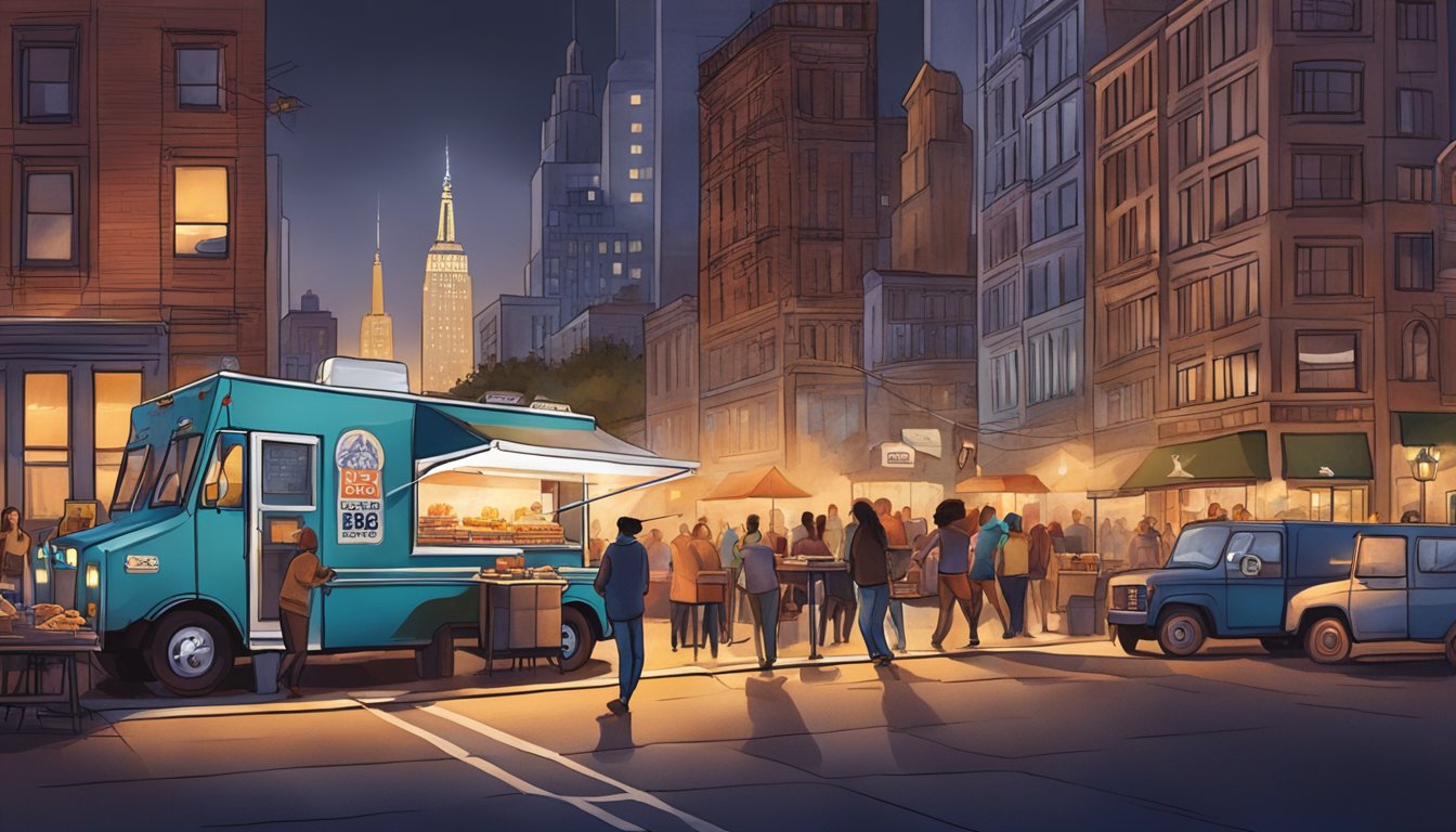 A bustling New York street with a food truck serving up smoky, savory Texas BBQ under the glow of city lights