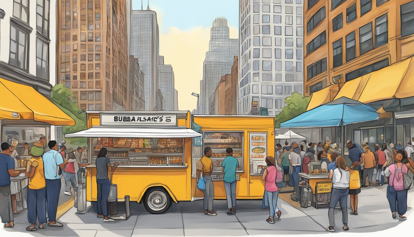 A bustling New York street corner with a food cart selling Bubba's Kolaches, surrounded by curious onlookers and city skyscrapers in the background