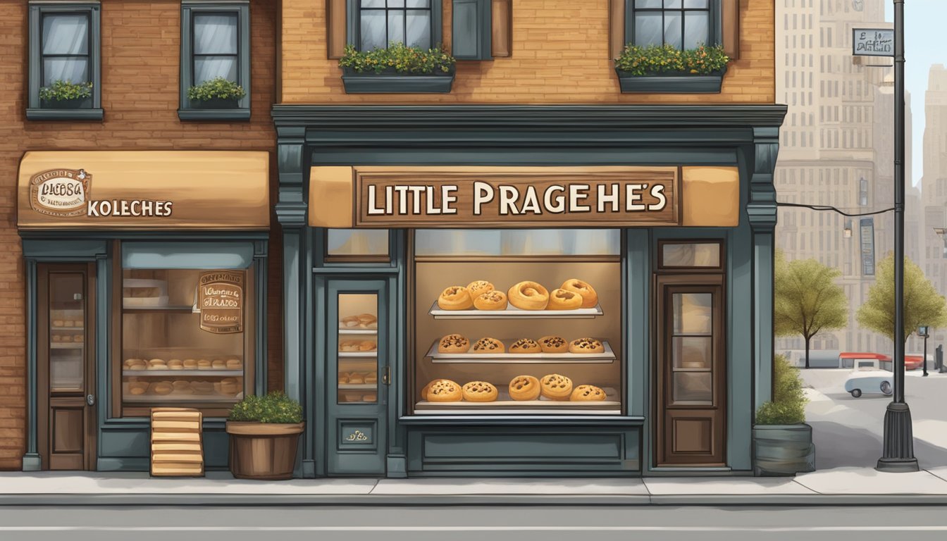 A rustic bakery storefront with a sign advertising "Little Prague Kolaches" in New York City, with a display of freshly baked Texas-style kolaches in the window