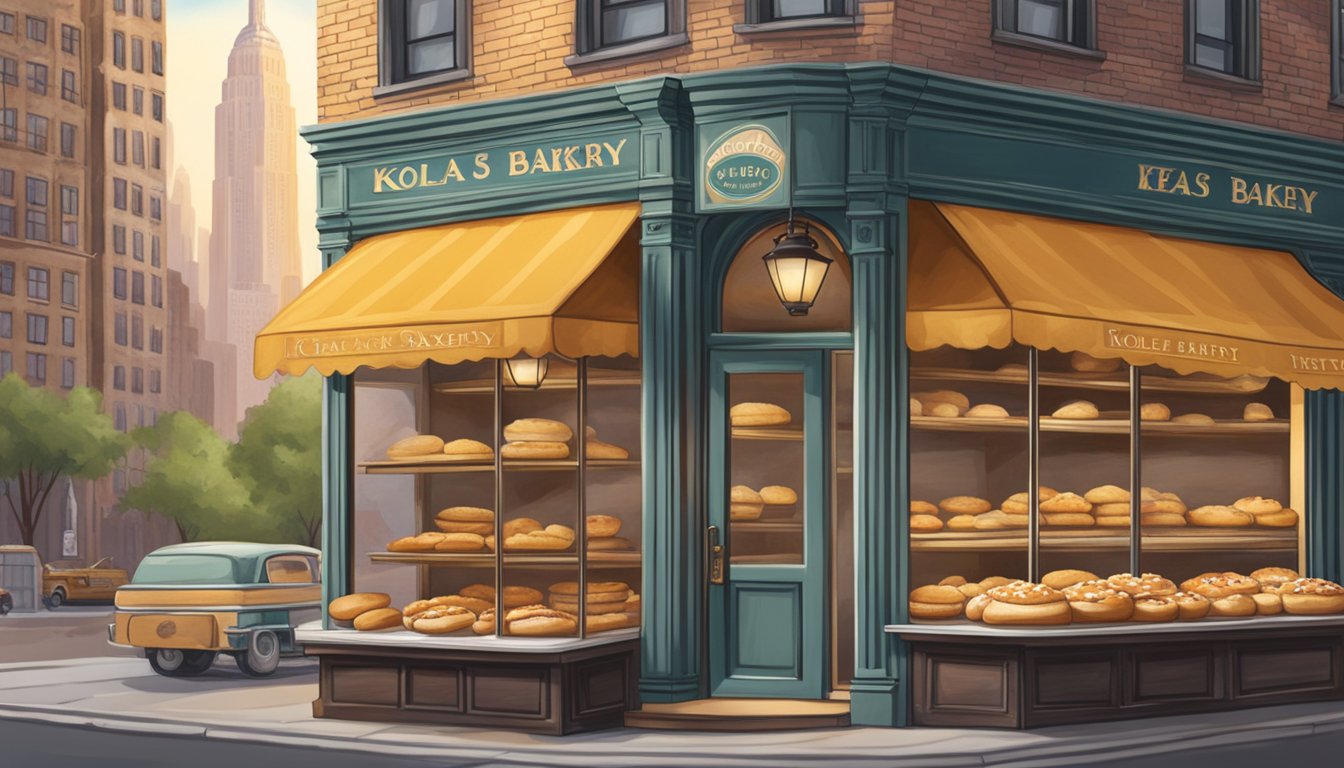 A rustic Texas bakery with a display of freshly baked kolaches, set against a backdrop of New York City landmarks