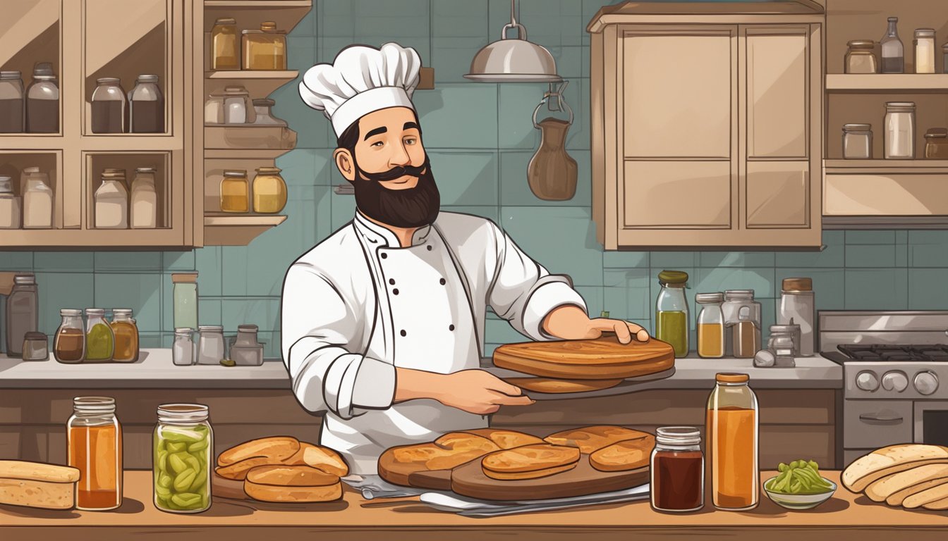 A chef in a Texan kitchen prepares thick slices of bread for toasting, surrounded by bottles of barbecue sauce and jars of pickles