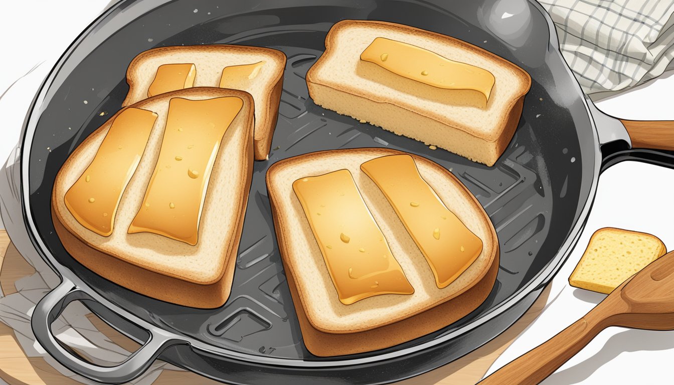 Two thick slices of bread being buttered and toasted in a skillet