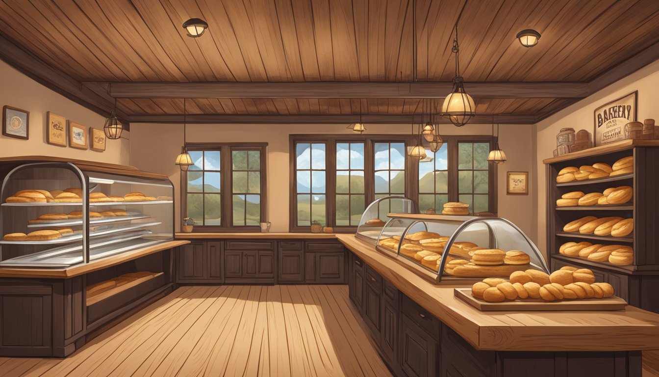 A rustic Texas-style bakery with freshly baked kolaches displayed on a wooden countertop, surrounded by Texan decor and warm lighting