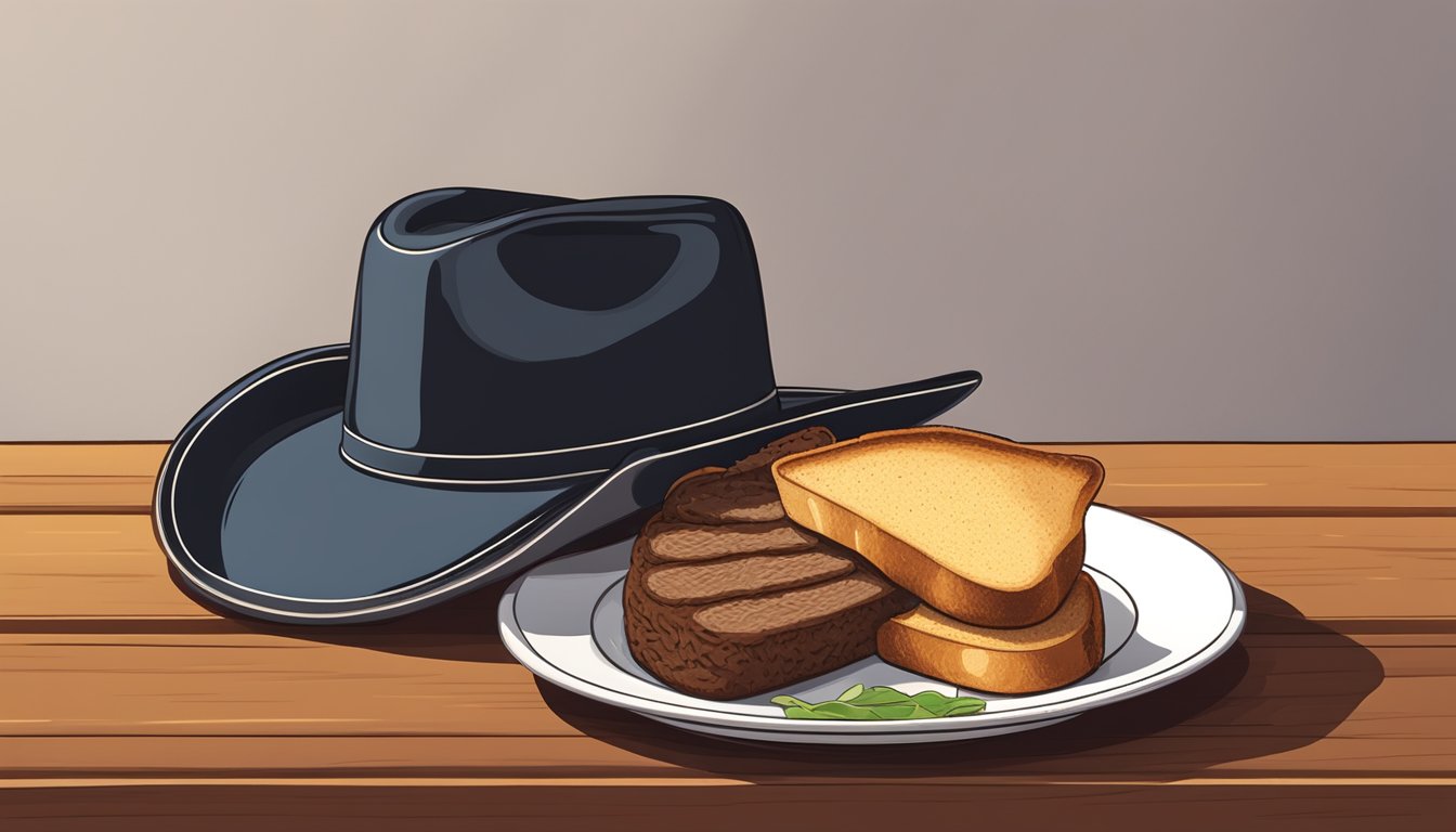 A cowboy hat on a plate with a thick slice of Texas toast next to a sizzling steak