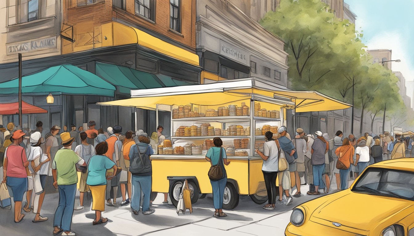 A bustling New York street corner with a food cart selling authentic Texas-style kolache, drawing in a diverse crowd of curious and hungry passersby