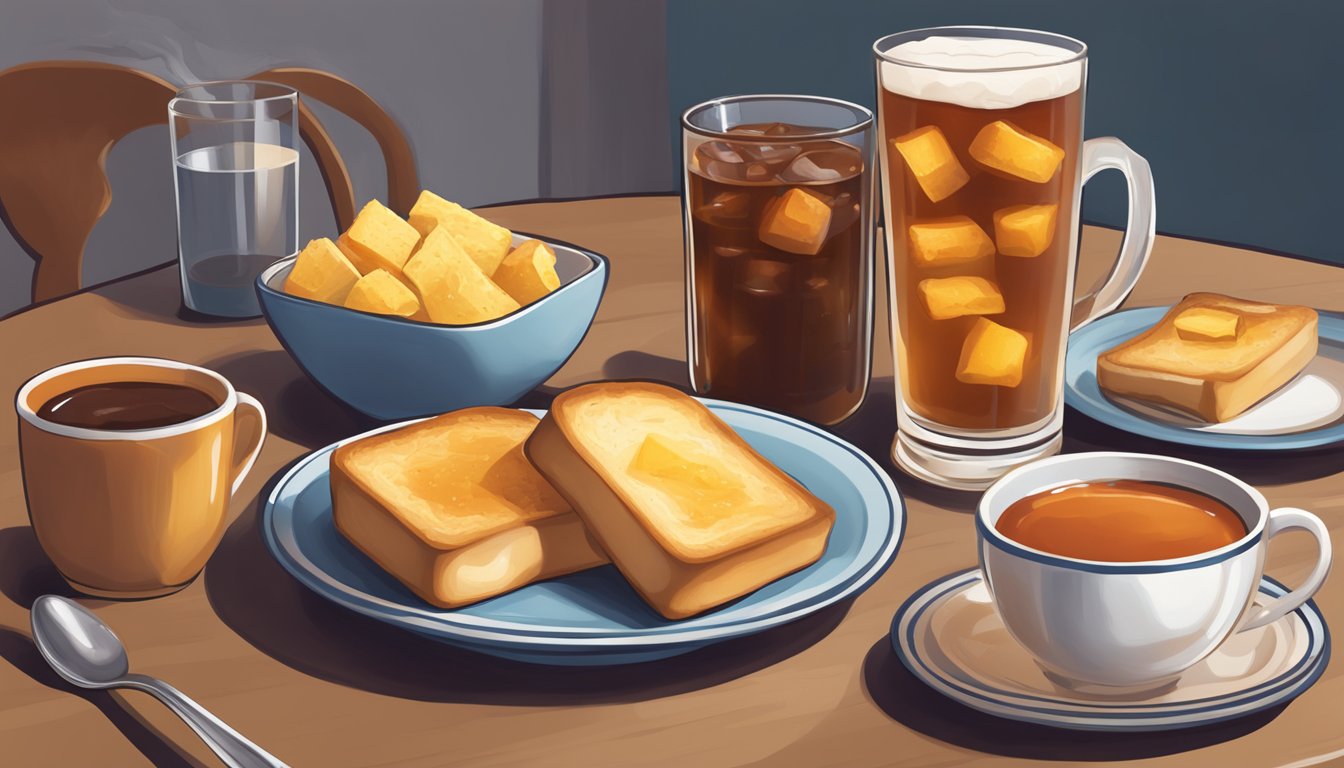 A table set with a plate of thick, buttery Texas toast alongside a bowl of chili and a cold glass of sweet tea