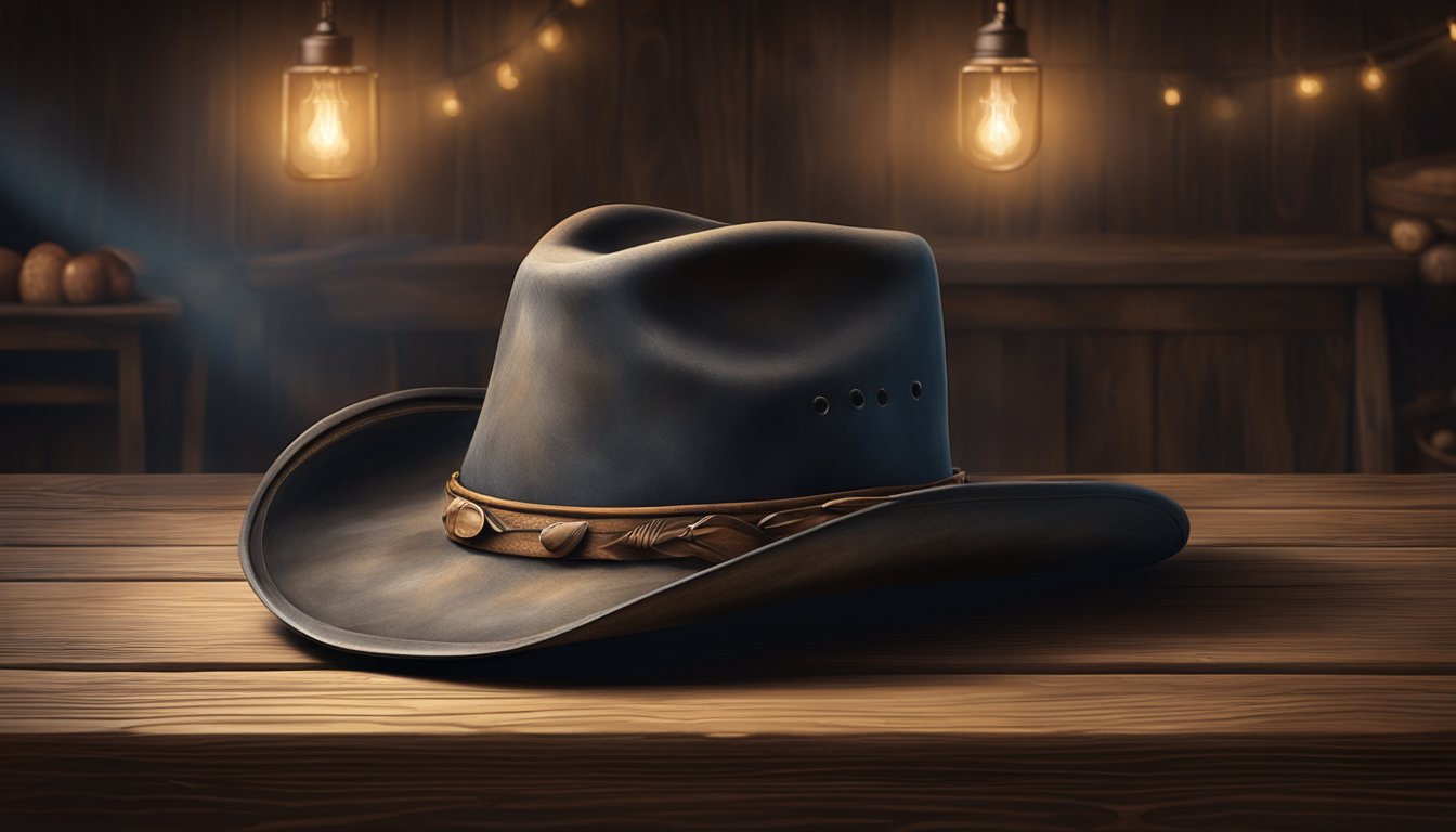 A lone cowboy hat rests on a weathered wooden table in a dimly lit room adorned with rustic decor and the faint smell of smoked meats