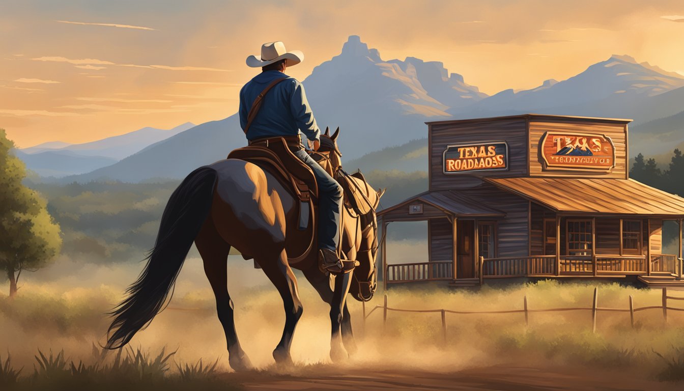 A rustic Texas Roadhouse sign stands against a backdrop of rolling hills and a lone cowboy on horseback