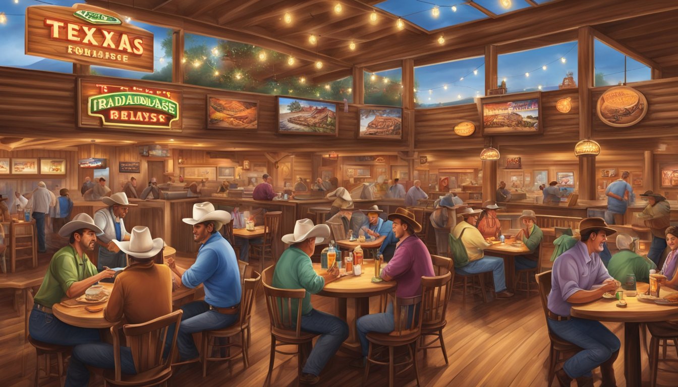 A bustling Texas Roadhouse with cowboy decor, sizzling steaks, and lively country music