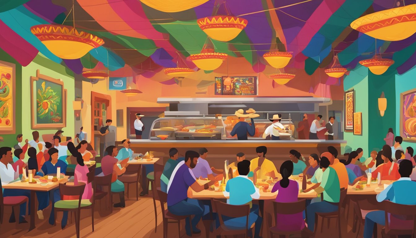 A bustling Tex-Mex restaurant with colorful decor, mariachi band playing, and sizzling fajitas being served to eager diners