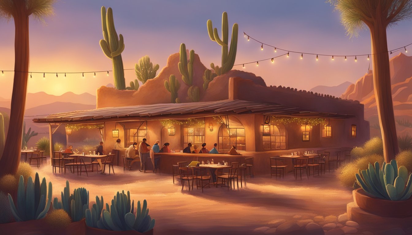 A bustling restaurant with a rustic adobe exterior, surrounded by cacti and desert landscape. The warm glow of lights spills out from the windows, inviting diners inside