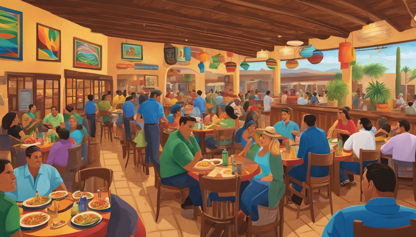 A bustling Tex-Mex restaurant in Phoenix, filled with colorful decor and the aroma of sizzling fajitas. Patrons enjoy hearty meals while mariachi music plays in the background