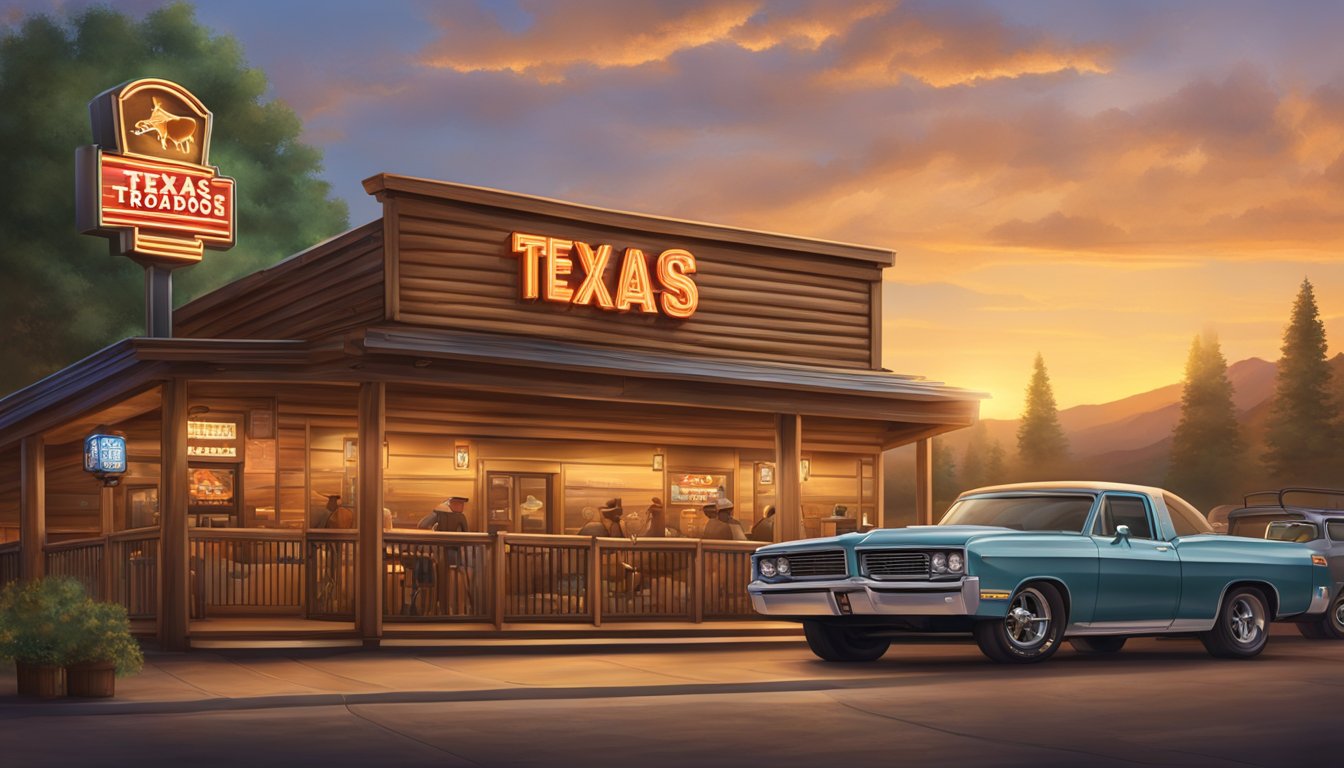 A bustling Texas Roadhouse restaurant with a lively atmosphere, cowboy-themed decor, and a prominent logo displayed on the exterior