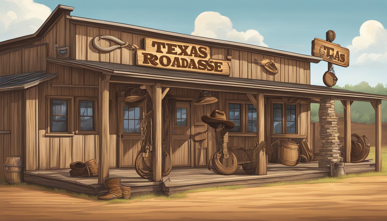 A rustic Texas Roadhouse with cowboy hats, horseshoes, and a large wooden sign. A cowboy boot and lasso hang on the wall