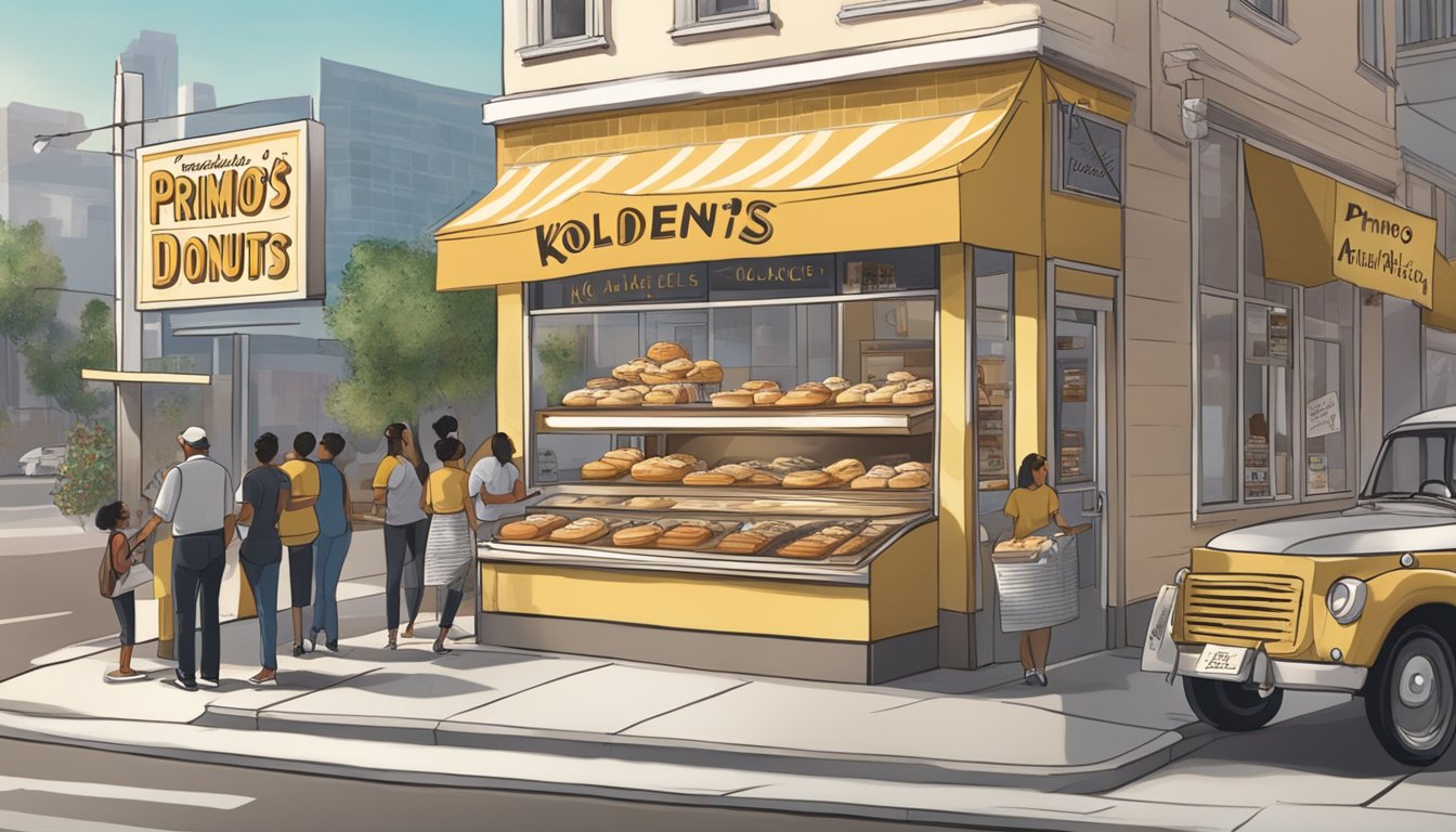 A bustling bakery with a display of freshly baked kolaches and a sign reading "Primo's Donuts - Best Authentic Kolache in Los Angeles."