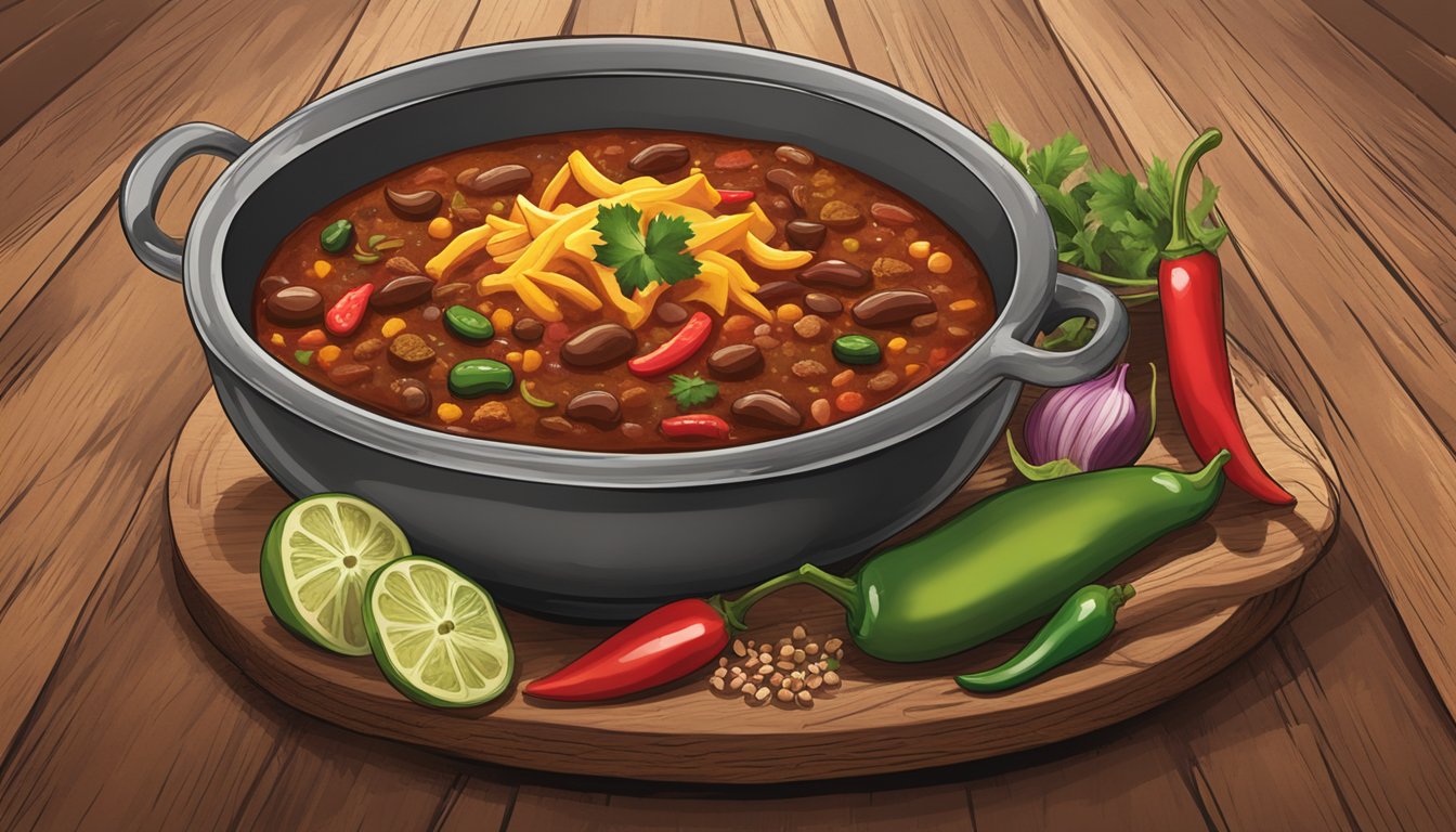 A steaming bowl of Texas-style chili sits on a rustic wooden table at Hill Country Barbecue Market in New York City, surrounded by a variety of colorful and aromatic spices