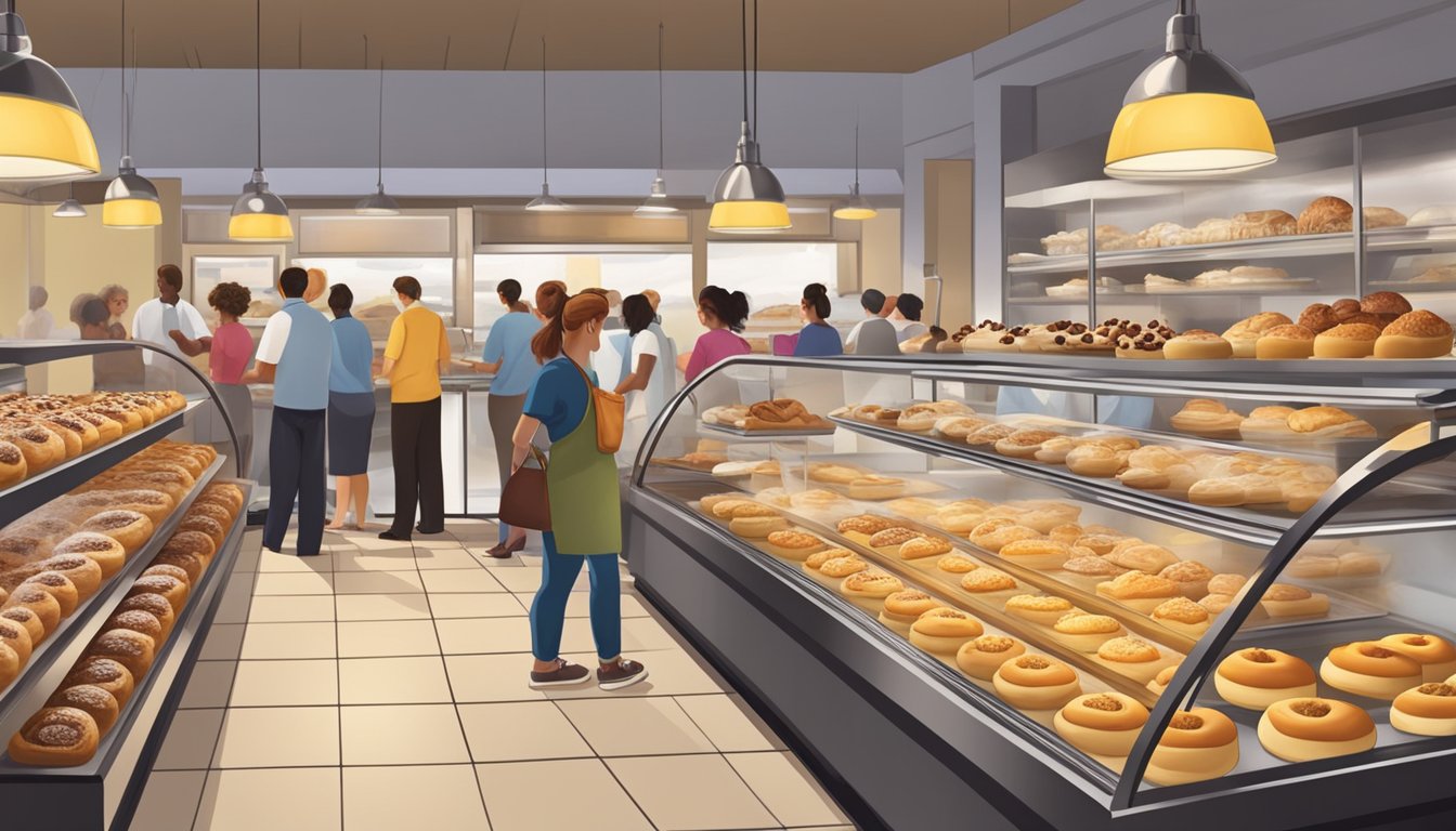 A bustling bakery with a display of freshly baked kolaches in various flavors, surrounded by eager customers