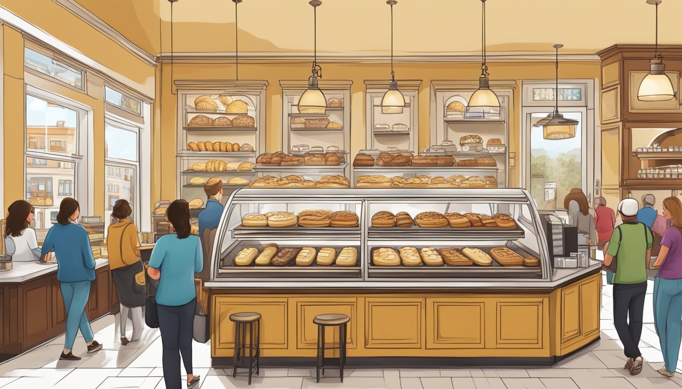 A bustling Euro Caffe with a display of freshly baked kolaches and customers enjoying their authentic treats