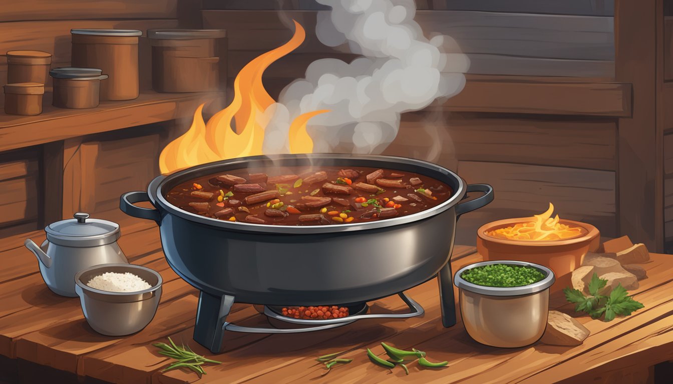 A steaming pot of brisket chili cooks over an open flame at Dinosaur Bar-B-Que. A rustic wooden table holds various spices and ingredients nearby