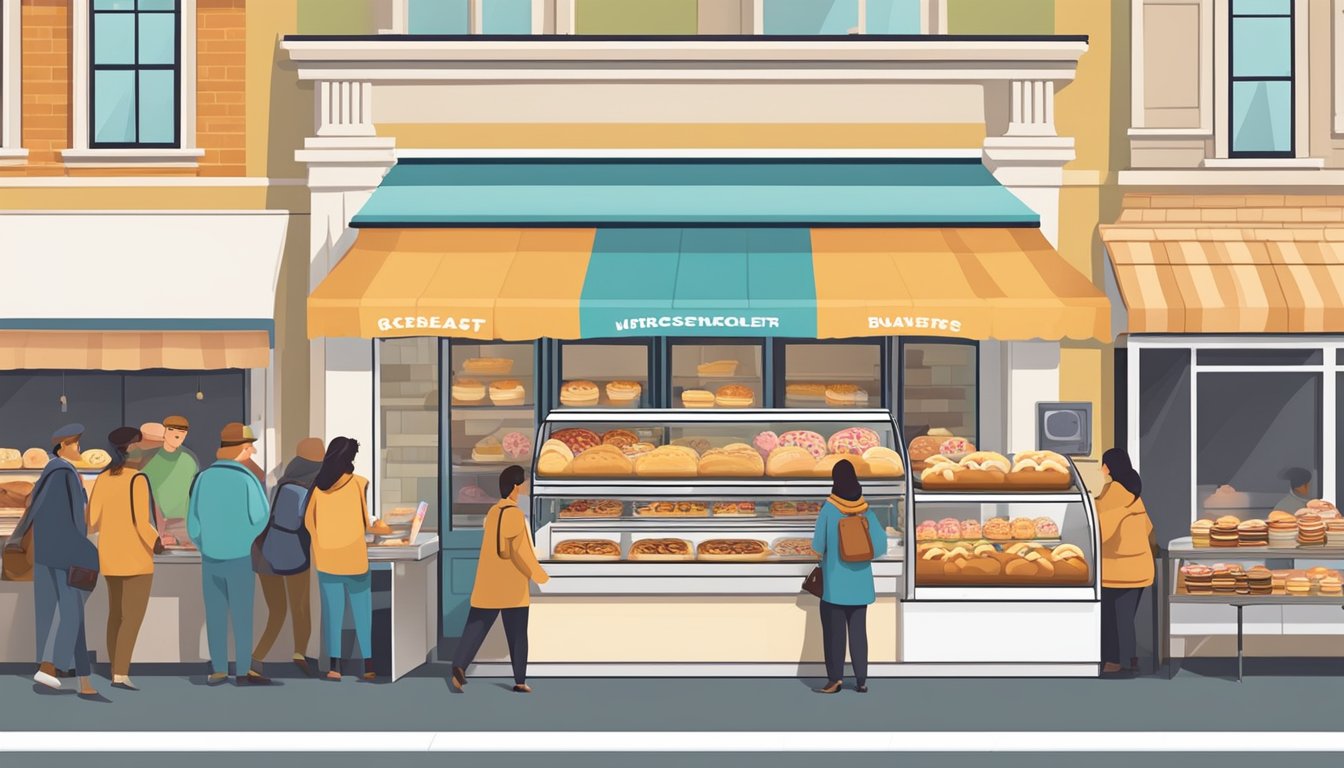 A bustling bakery with a display of freshly baked kolaches and donuts, customers lined up to try the authentic treats