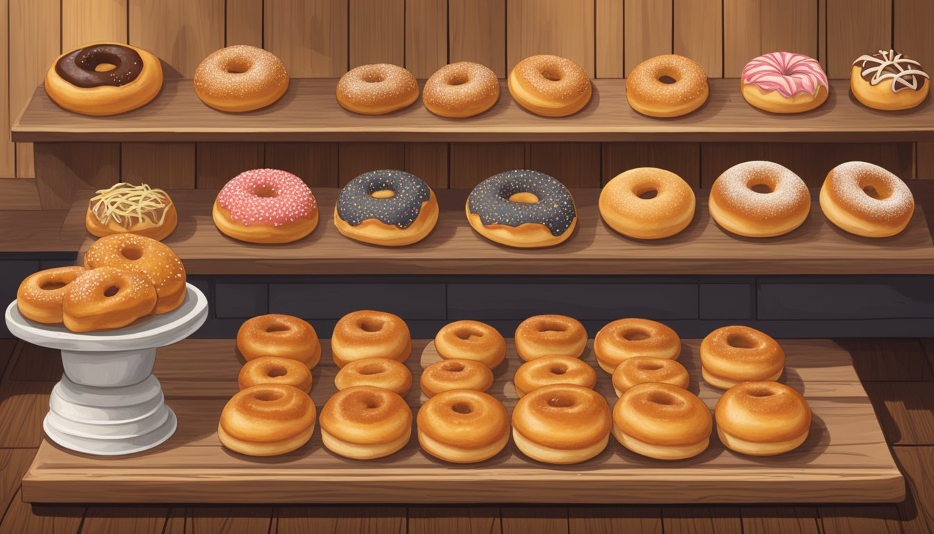 The warm, golden-brown kolaches sit on a rustic wooden display, surrounded by the cozy interior of Stan's Corner Donut Shoppe in Los Angeles