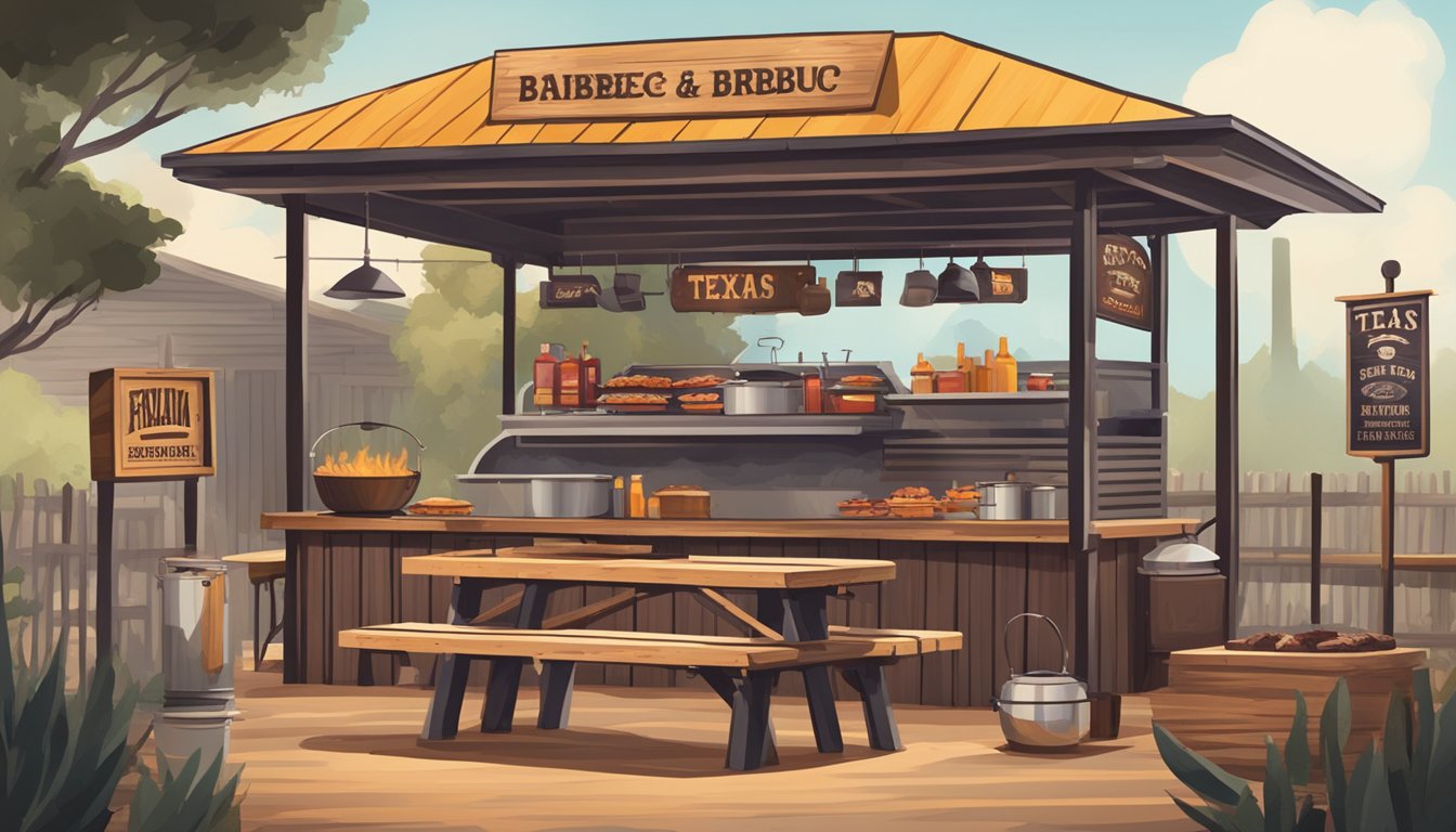 A rustic Texas BBQ joint in Brisbane, with a smoky pit, wooden picnic tables, and a sign boasting of authentic Texas-style barbecue