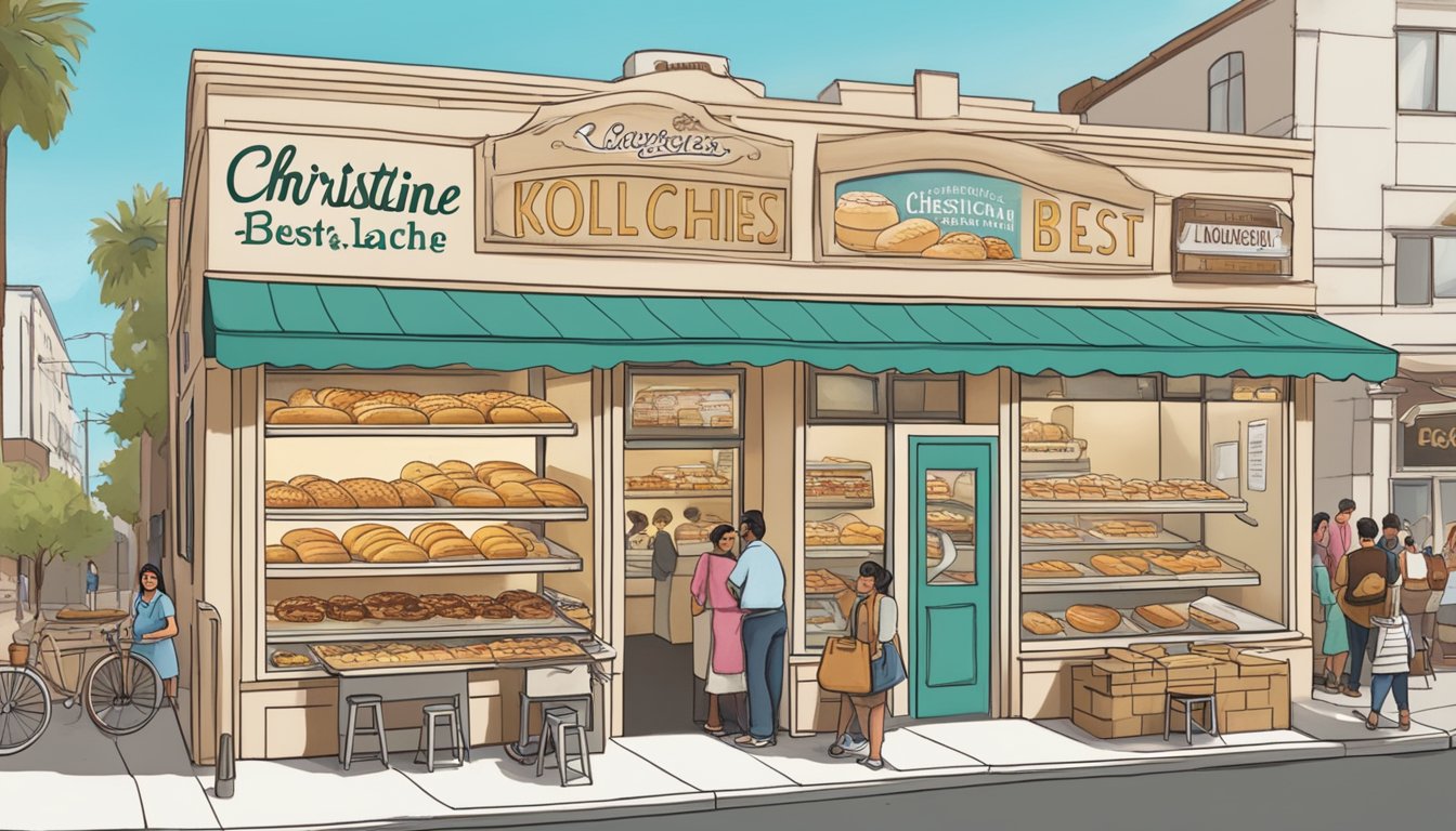 A bustling bakery with a display of freshly baked kolaches and a line of eager customers. A sign outside reads "Christine's Kolaches - Best Authentic Kolache in Los Angeles."