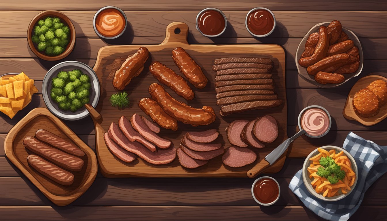 A rustic Texas BBQ spread with brisket, ribs, and sausage on a wooden platter, surrounded by smoky grill marks and a side of tangy barbecue sauce