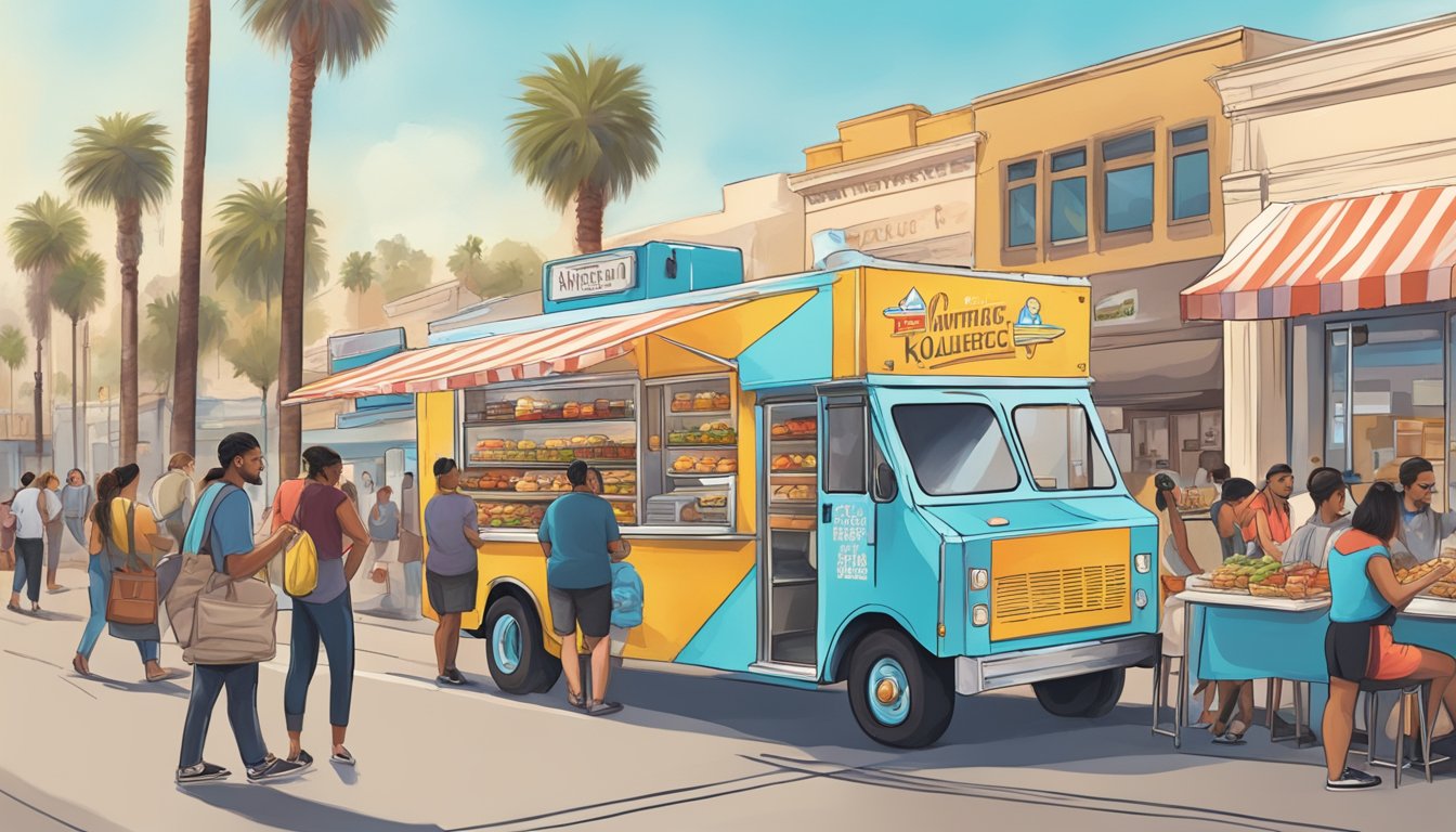 A bustling Los Angeles street with a colorful food truck serving up mouthwatering, authentic kolaches to eager customers