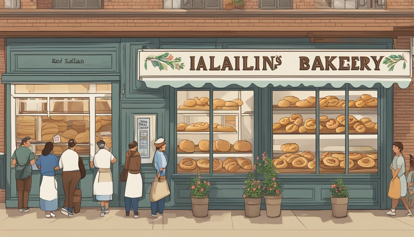 The bustling bakery with a sign reading "Rex's Italian Bakery" and a display of freshly baked kolaches. Customers eagerly line up to try the authentic pastries