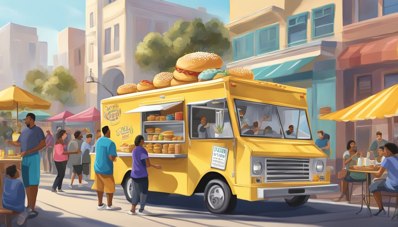 A bustling food truck with a colorful sign serves steaming hot kolaches to a line of eager customers in Los Angeles