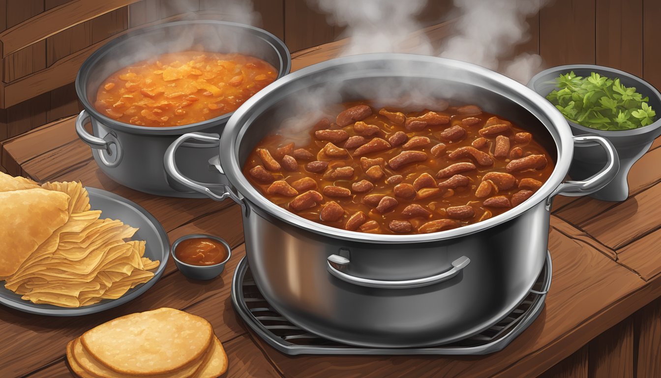 A steaming pot of pork and beef chili simmers over a crackling fire at Hometown Bar-B-Que, filling the air with the rich, smoky aroma of authentic Texas-style chili